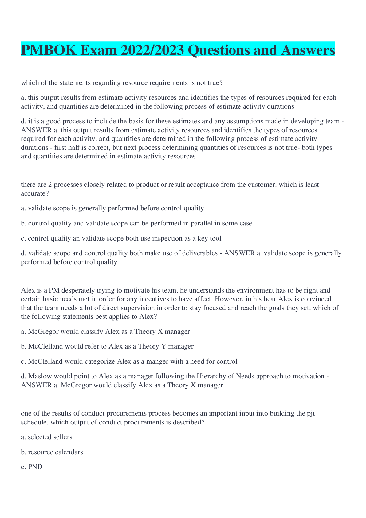 Preview image for PMBOK Exam 2022/2023 Questions and Answers